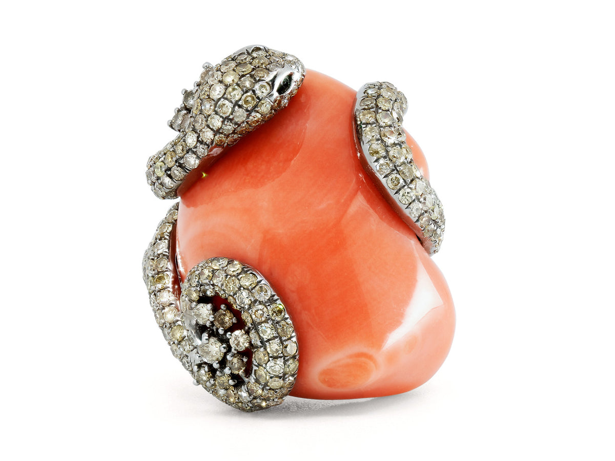 Coral and diamond snake ring with emerald eyes