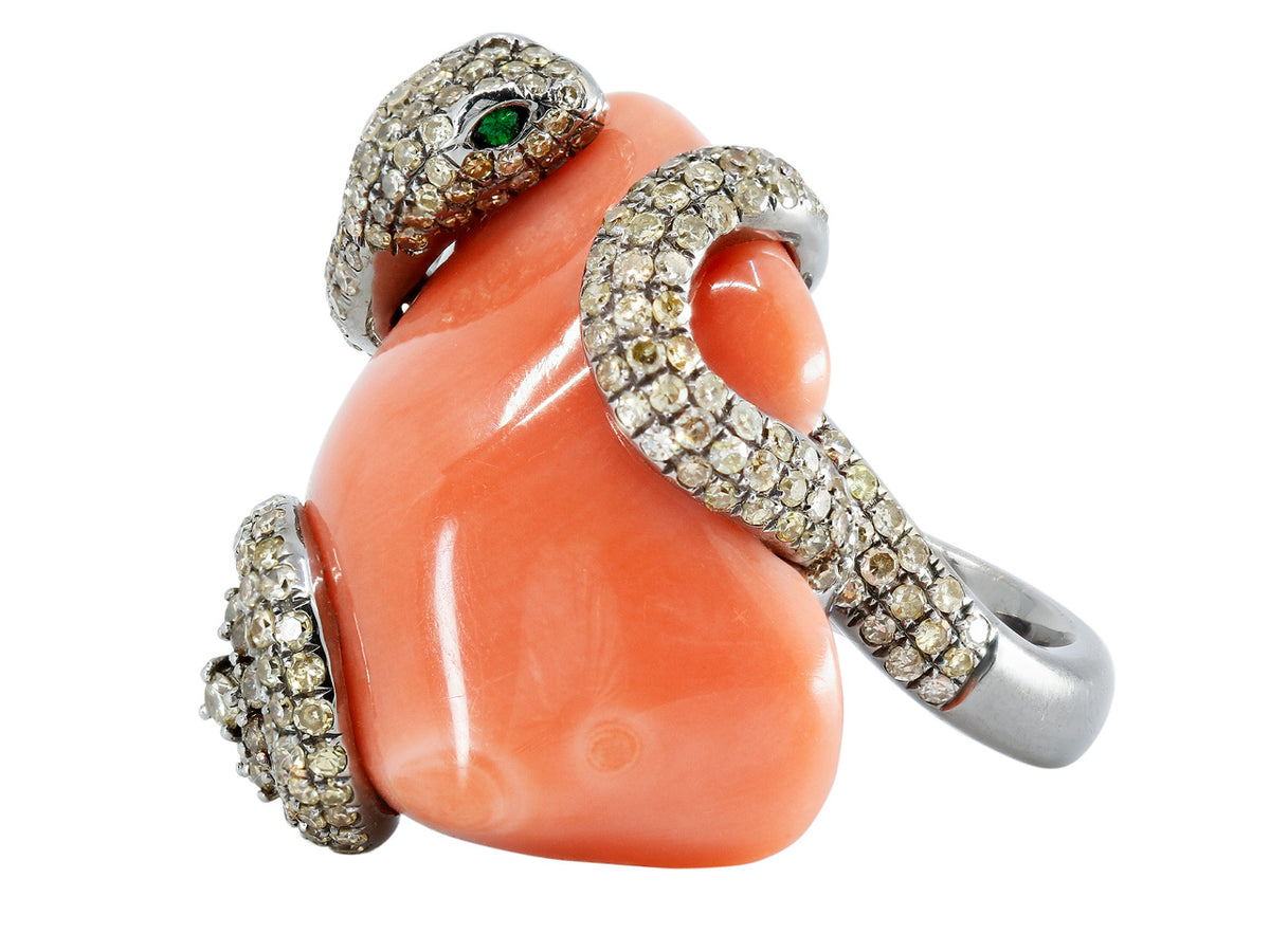 Coral and diamond snake ring with emerald eyes