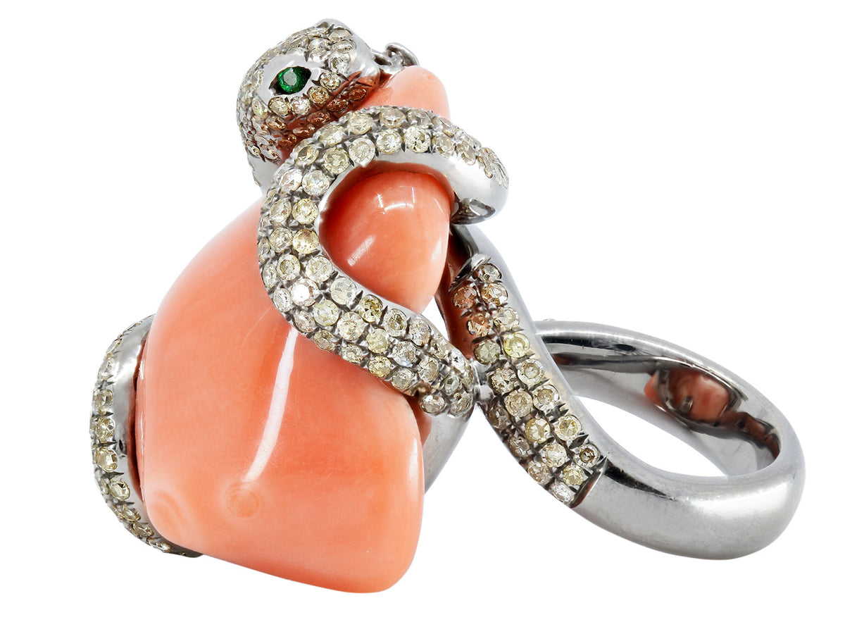 Coral and diamond snake ring with emerald eyes