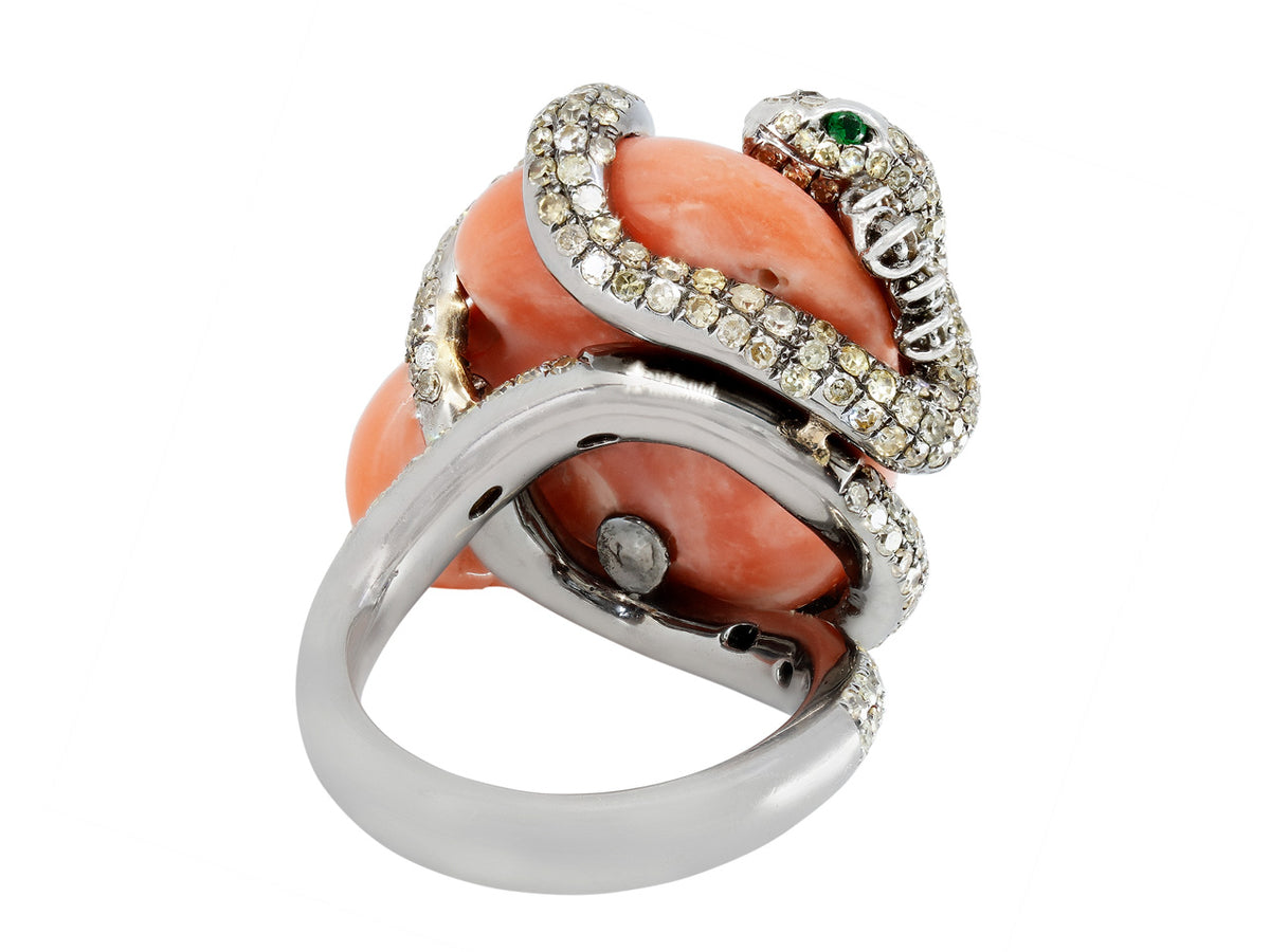 Coral and diamond snake ring with emerald eyes