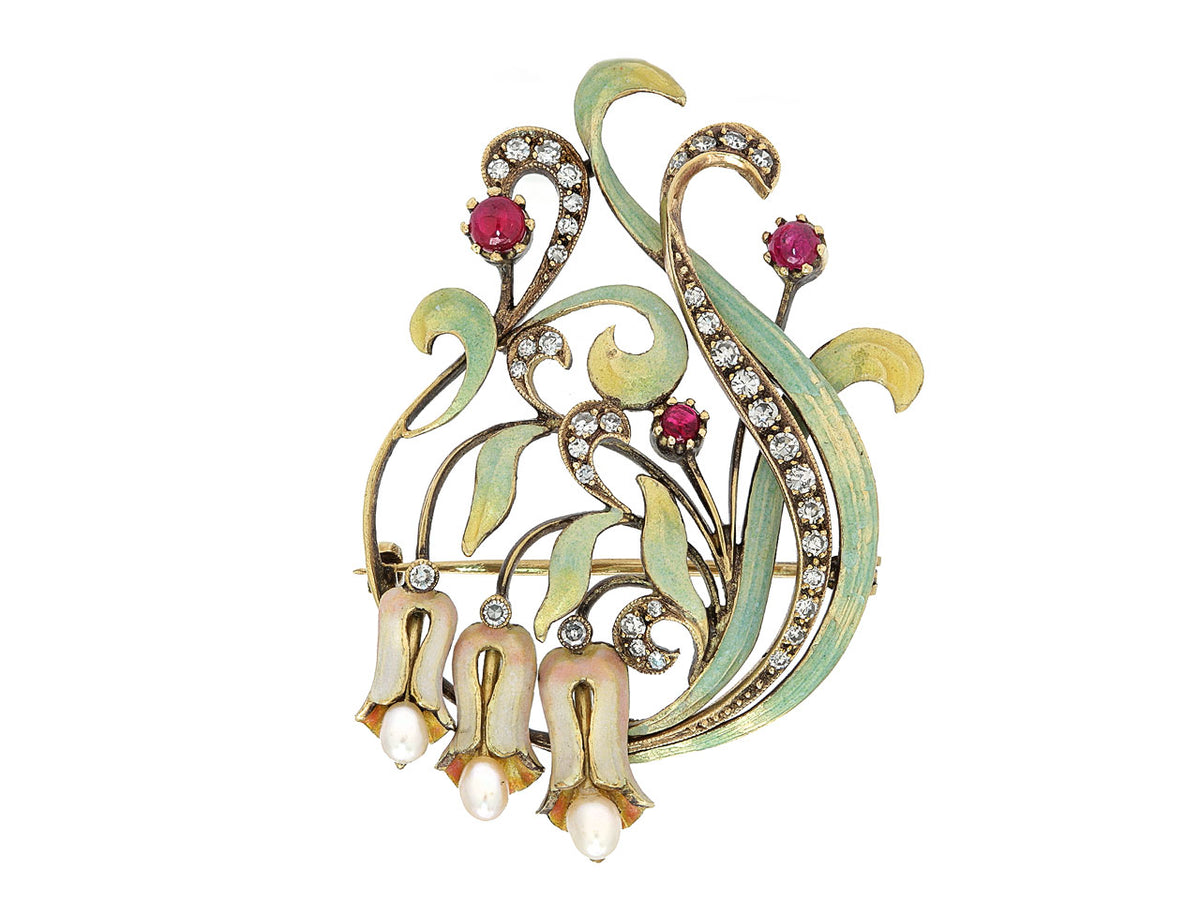 Antique Art Nouveau brooch with enamel leaves diamonds rubies and pearl foxgloves