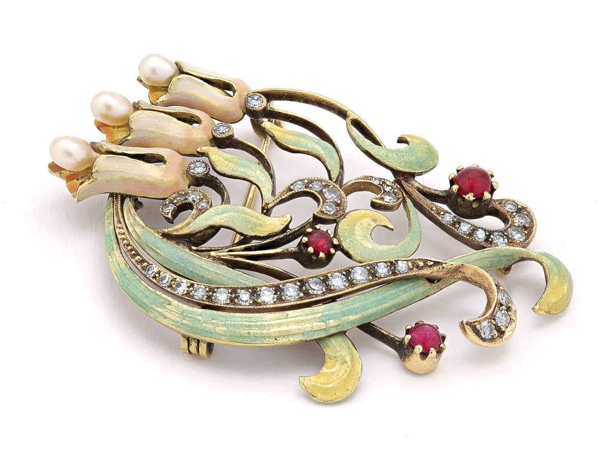 Art Nouveau foxglove brooch with pearls rubies and enamel
