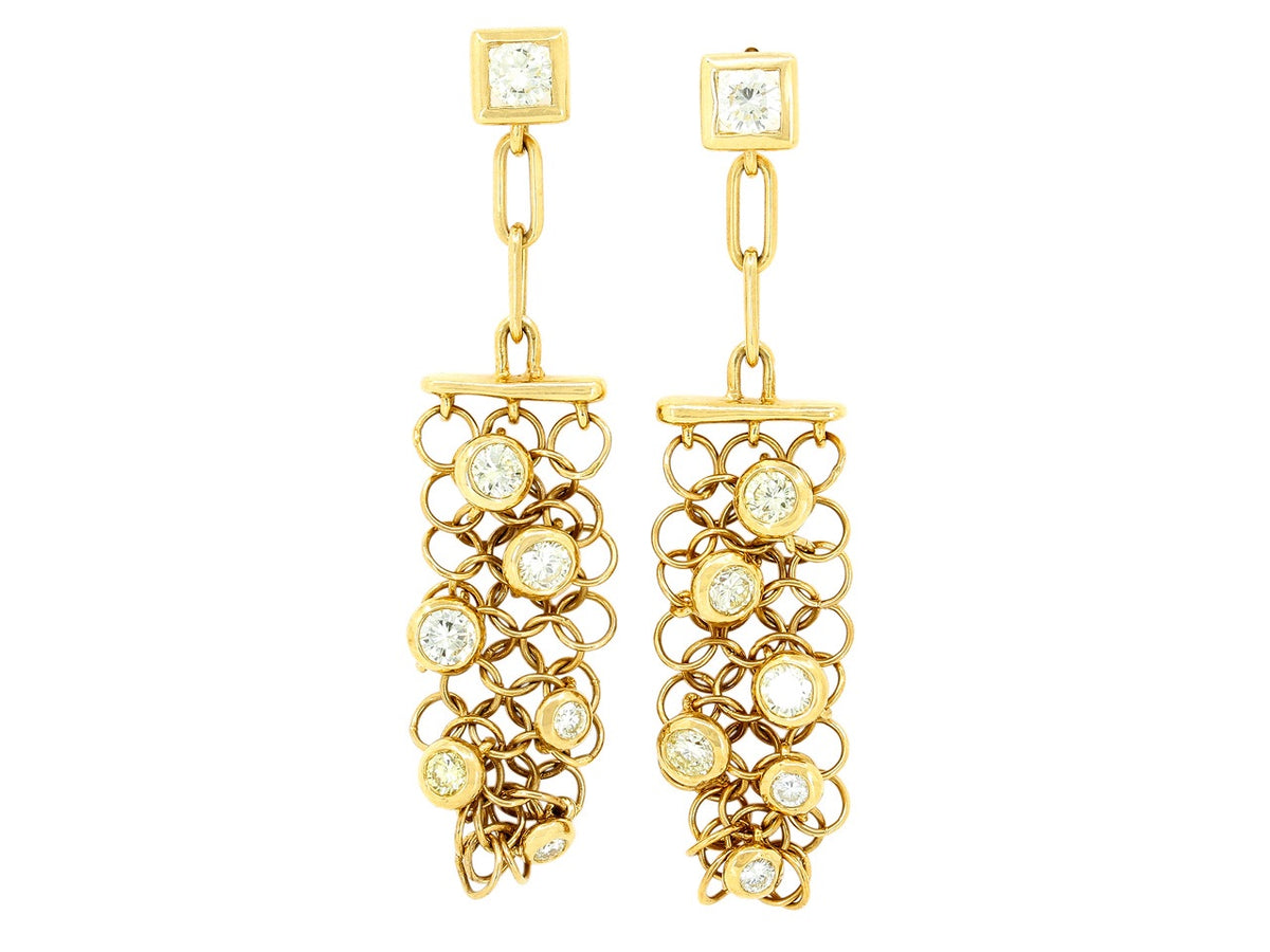 18K gold chainmail diamond drop earrings
