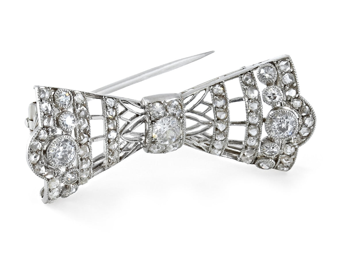 Platinum bow pin with old European cut diamonds