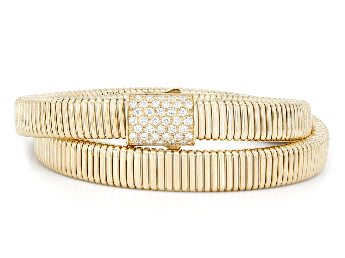 Double wrap gold tubogas bracelet with pavé diamond clasp