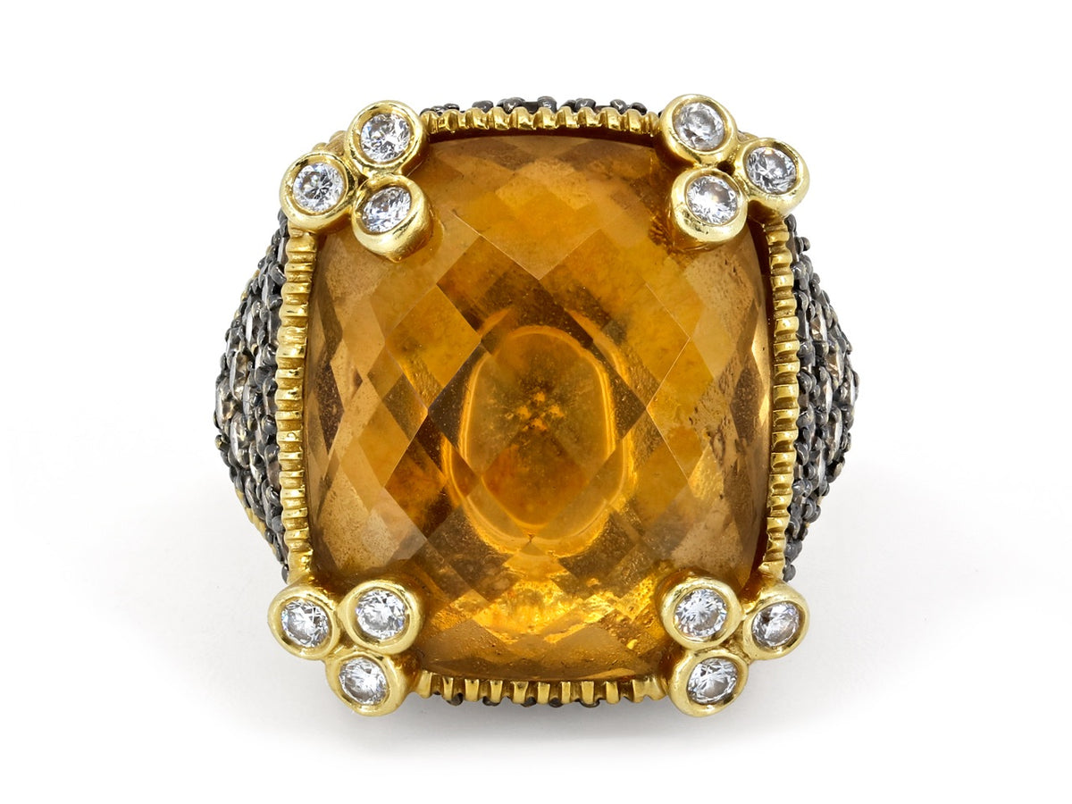 Faceted citrine ring with diamond accents in 18K gold