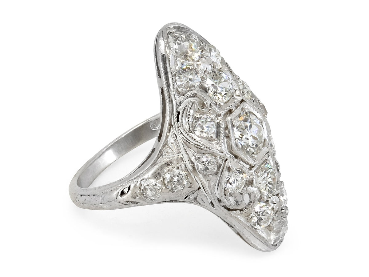 Platinum filigree ring with old European cut diamond