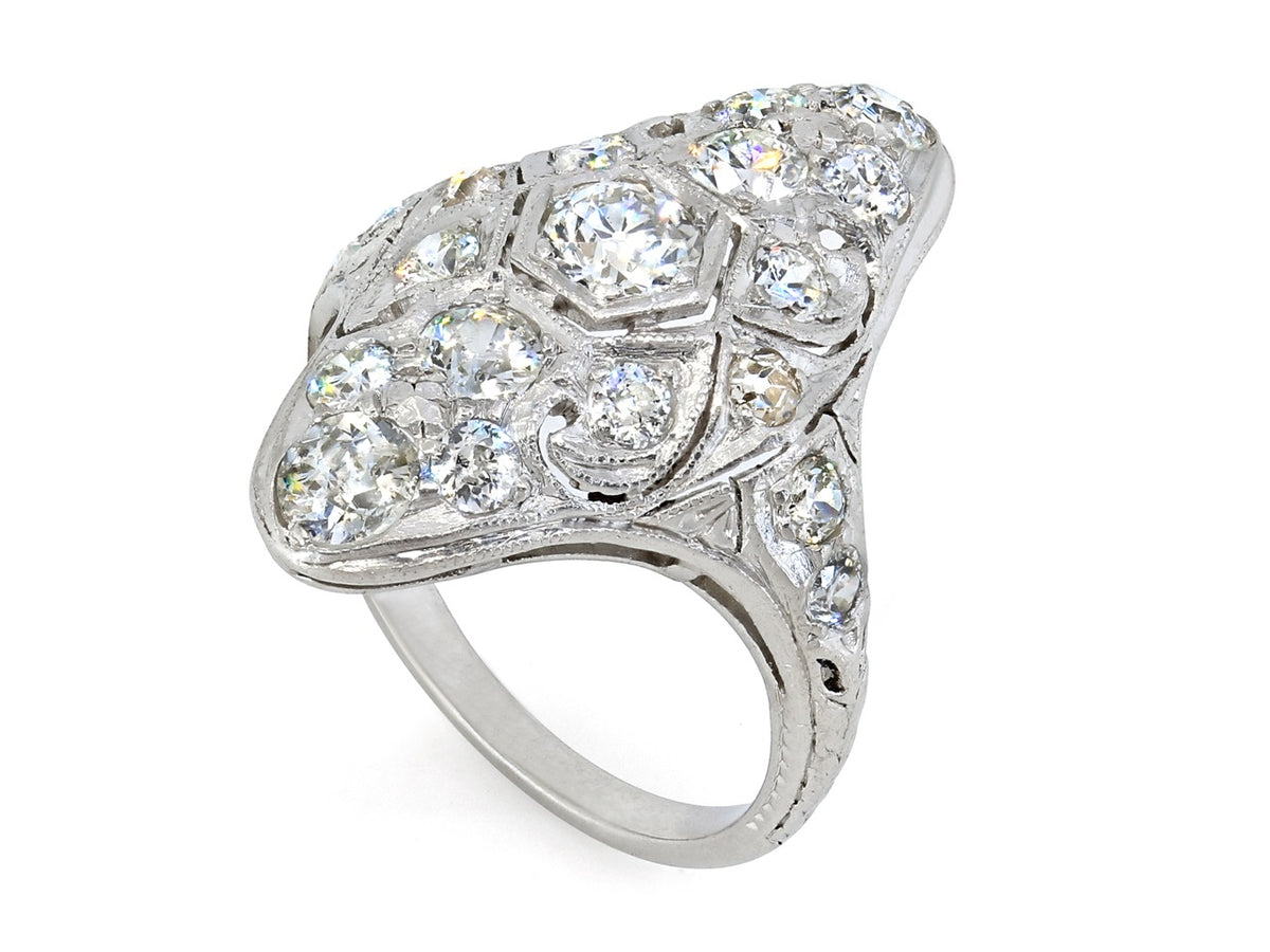 Antique Edwardian platinum filigree ring with diamonds