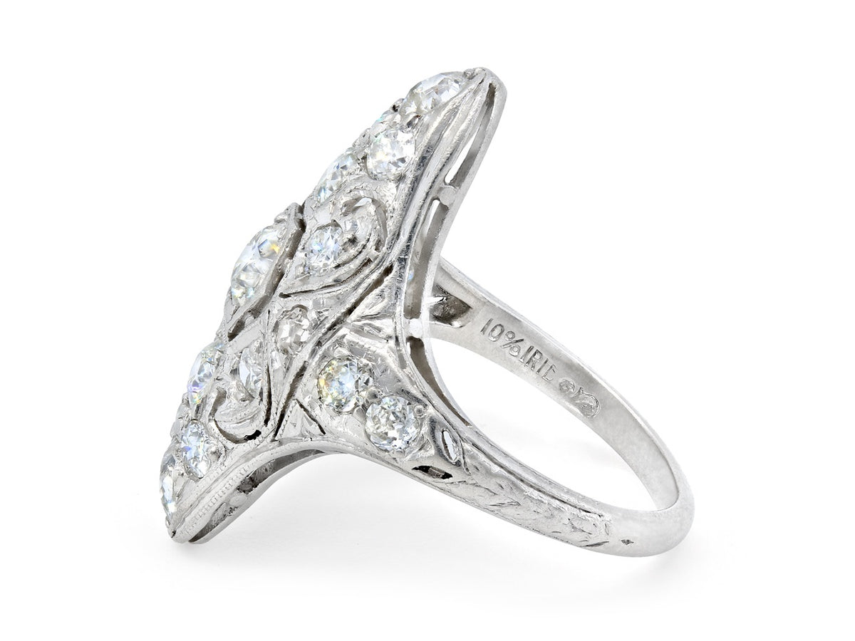 Antique Edwardian platinum filigree ring with old cut diamonds
