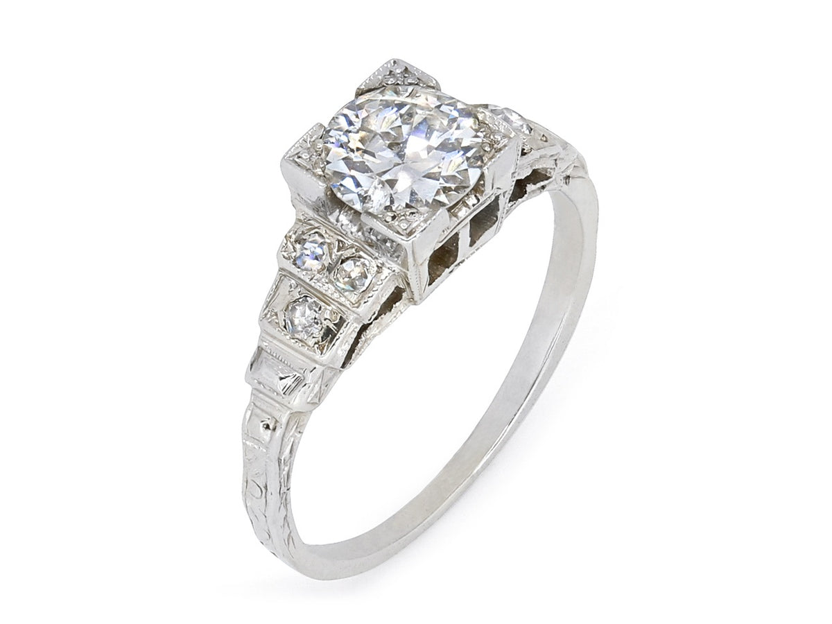 Edwardian 18K white gold ring with transitional cut diamond