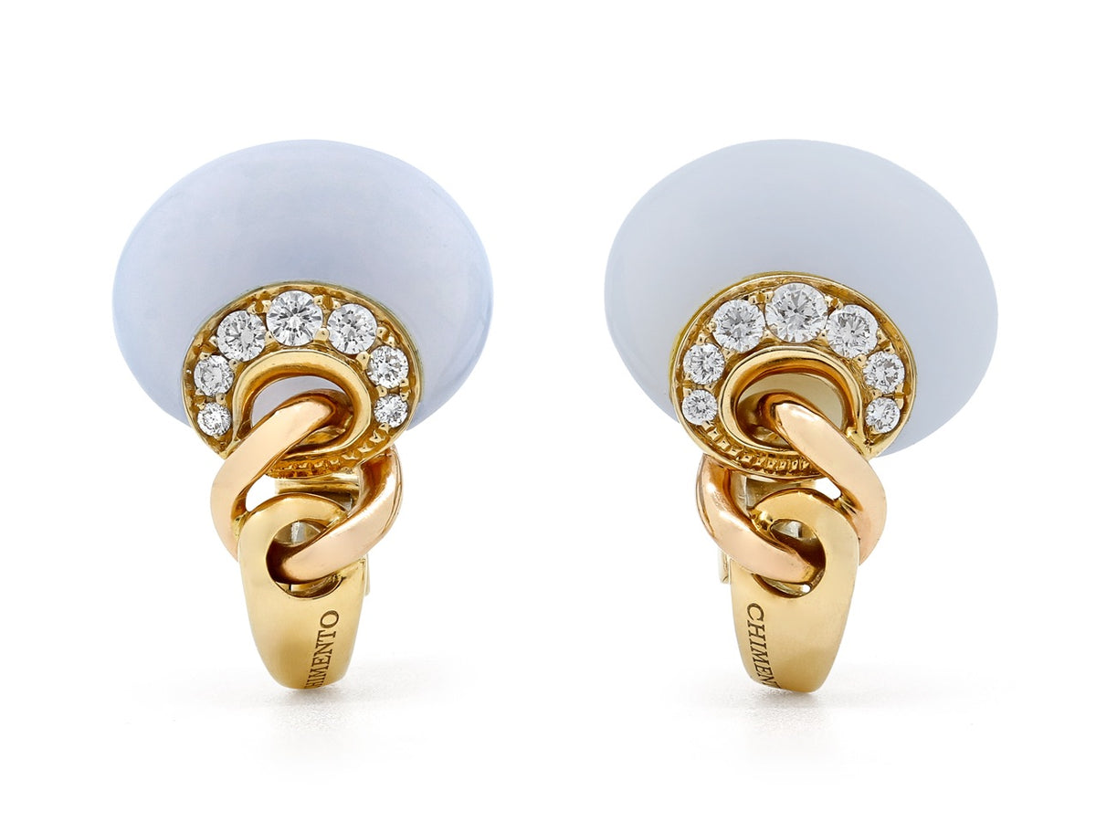 Blue chalcedony earrings with diamond accented gold links