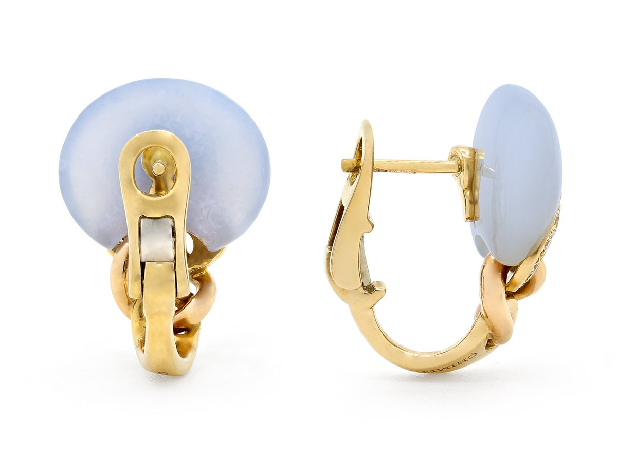 Pale blue chalcedony disc earrings in 18K yellow gold