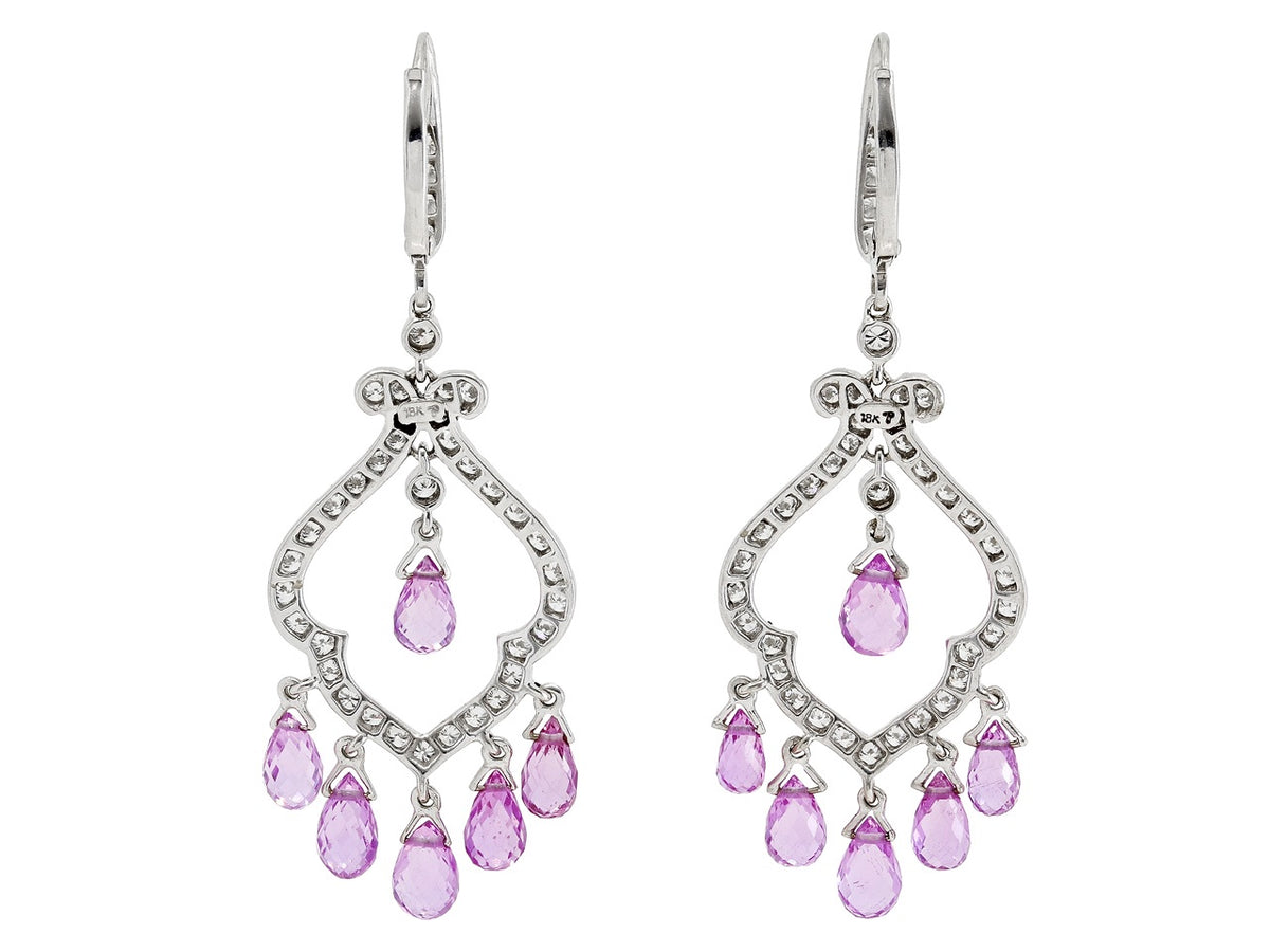 Diamond and pink sapphire chandelier earrings in white gold