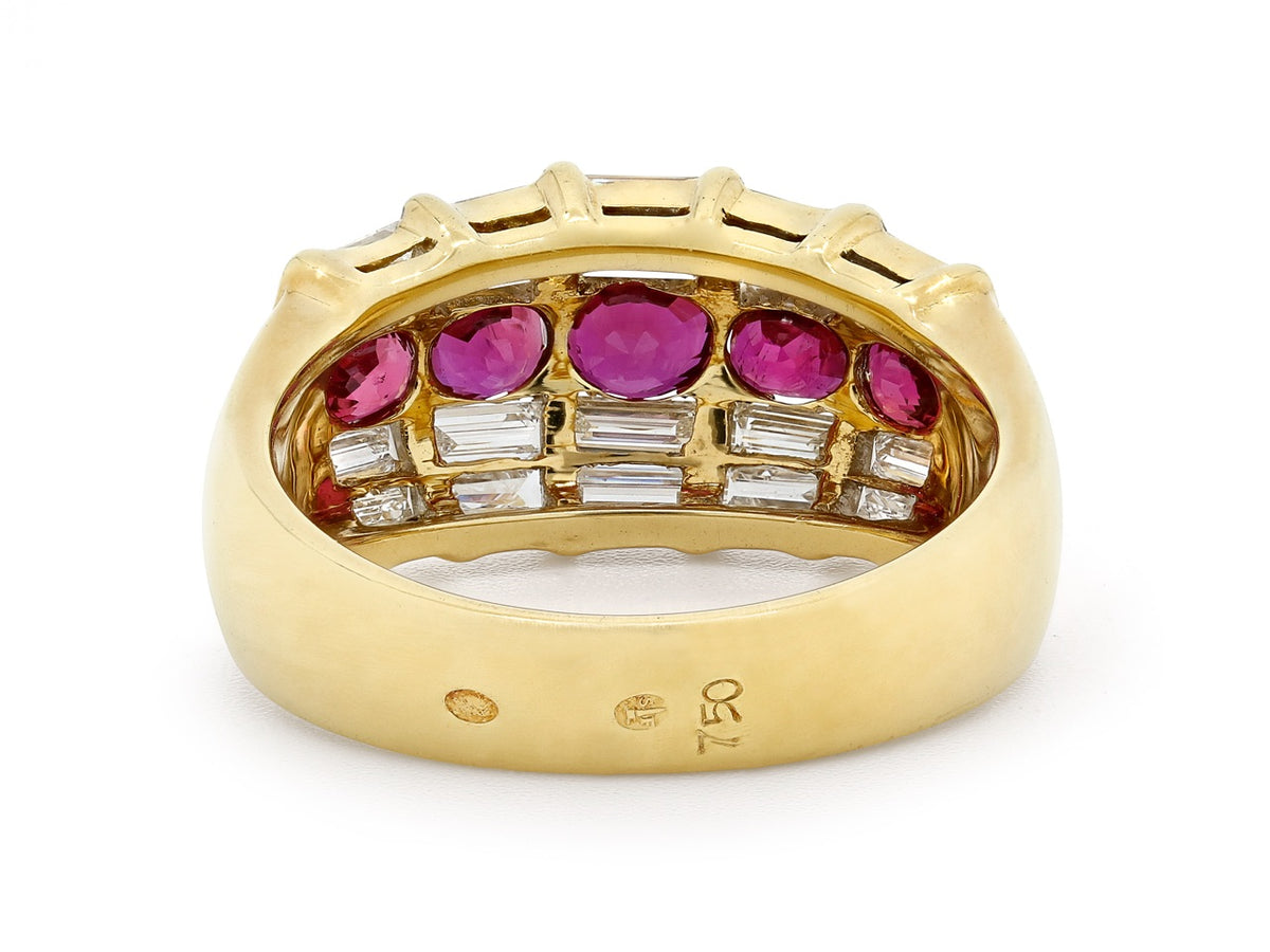 Interior view of an 18k gold ruby and diamond ring
