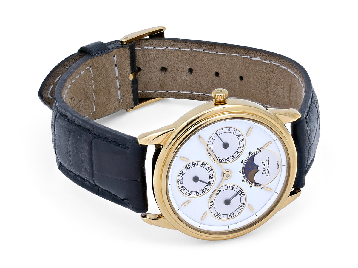 Piaget gold triple calendar watch with black leather strap