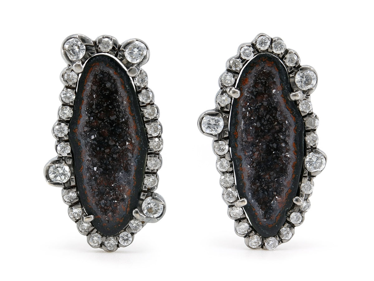 Black geode and diamond stud earrings in blackened gold