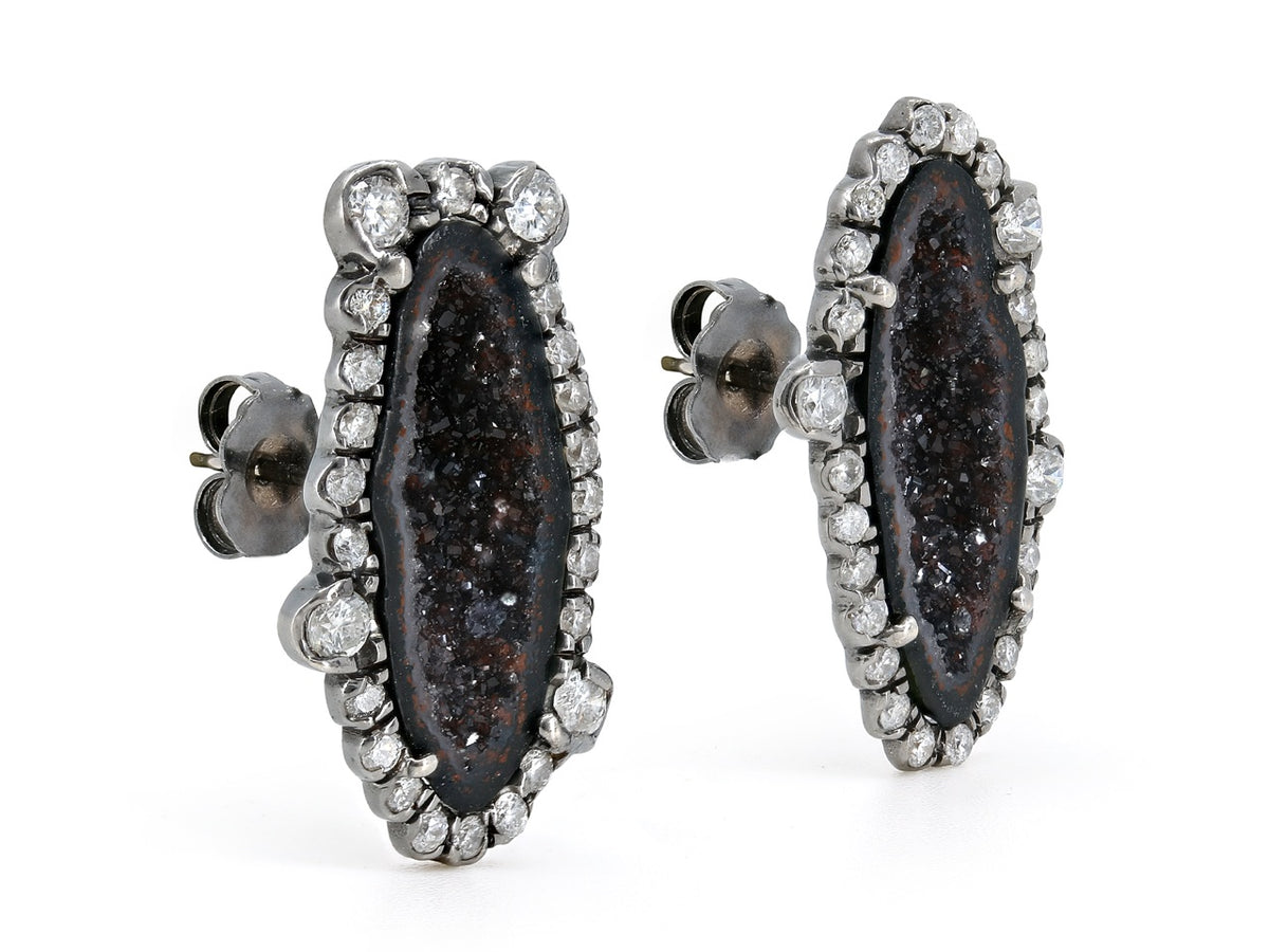 Black geode and diamond stud earrings in blackened gold