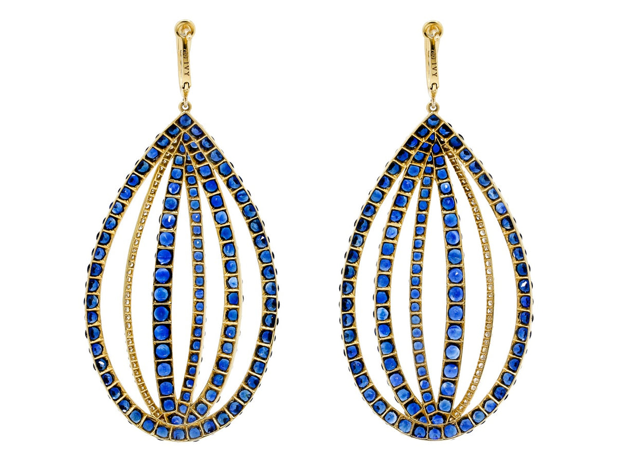 18K gold oval earrings with blue sapphire and diamond lines