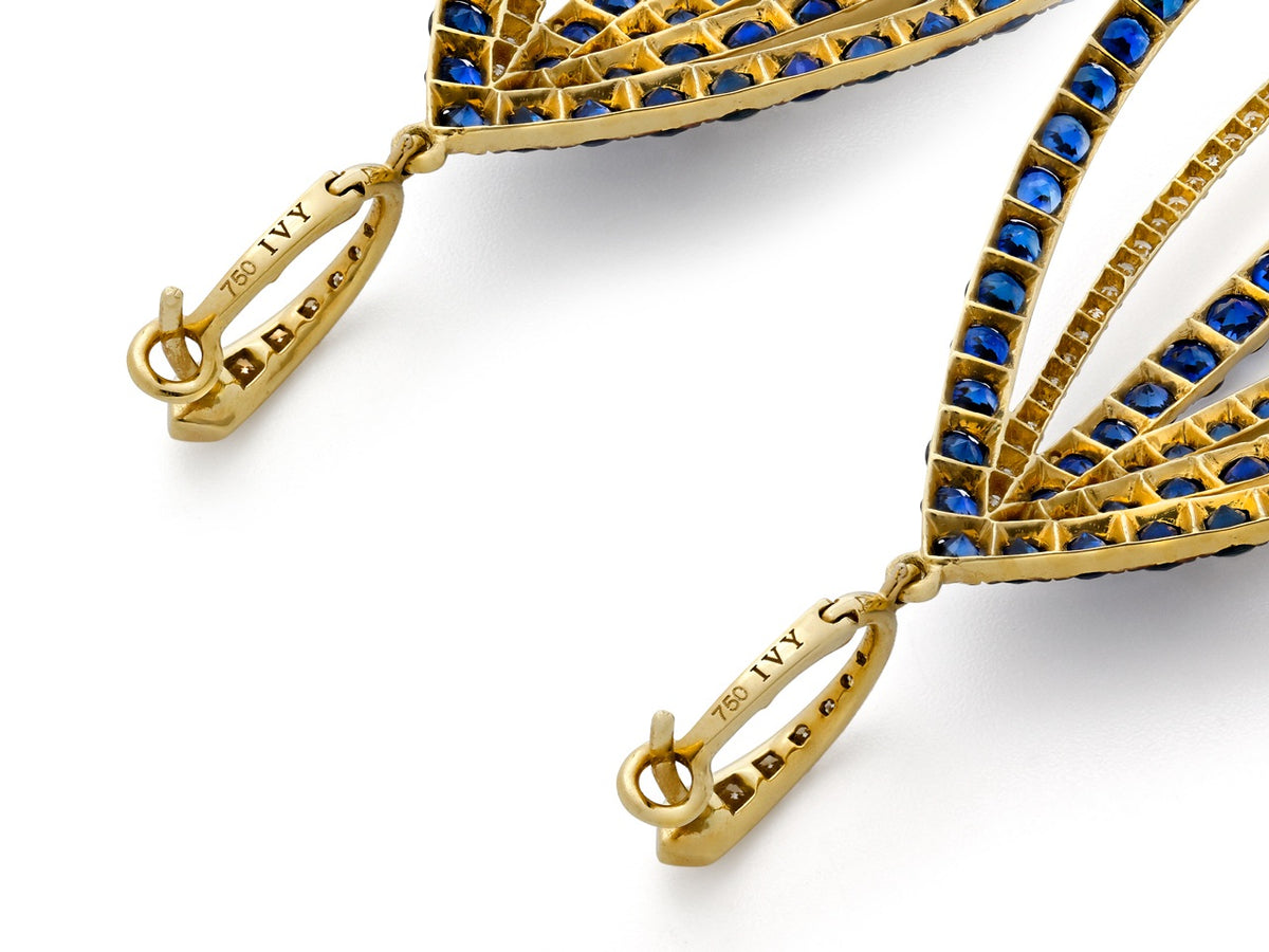 Gold earrings with blue sapphire rows and Ivy signed clasps