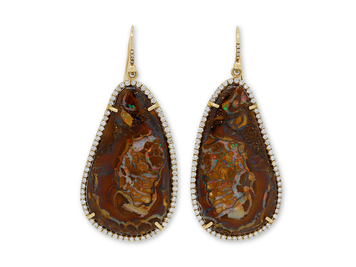 Boulder opal drop earrings with diamond borders and gold hooks