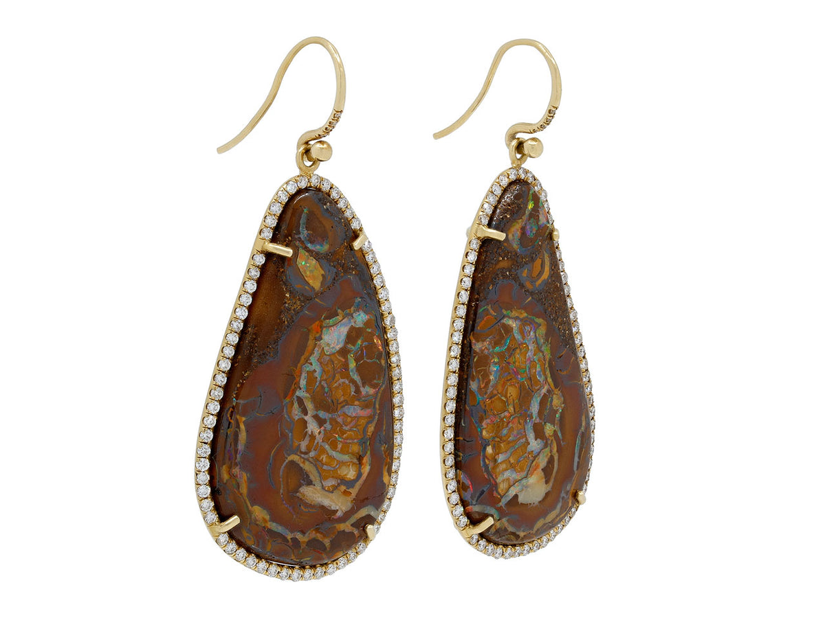 Boulder opal drop earrings with diamond borders and gold hooks