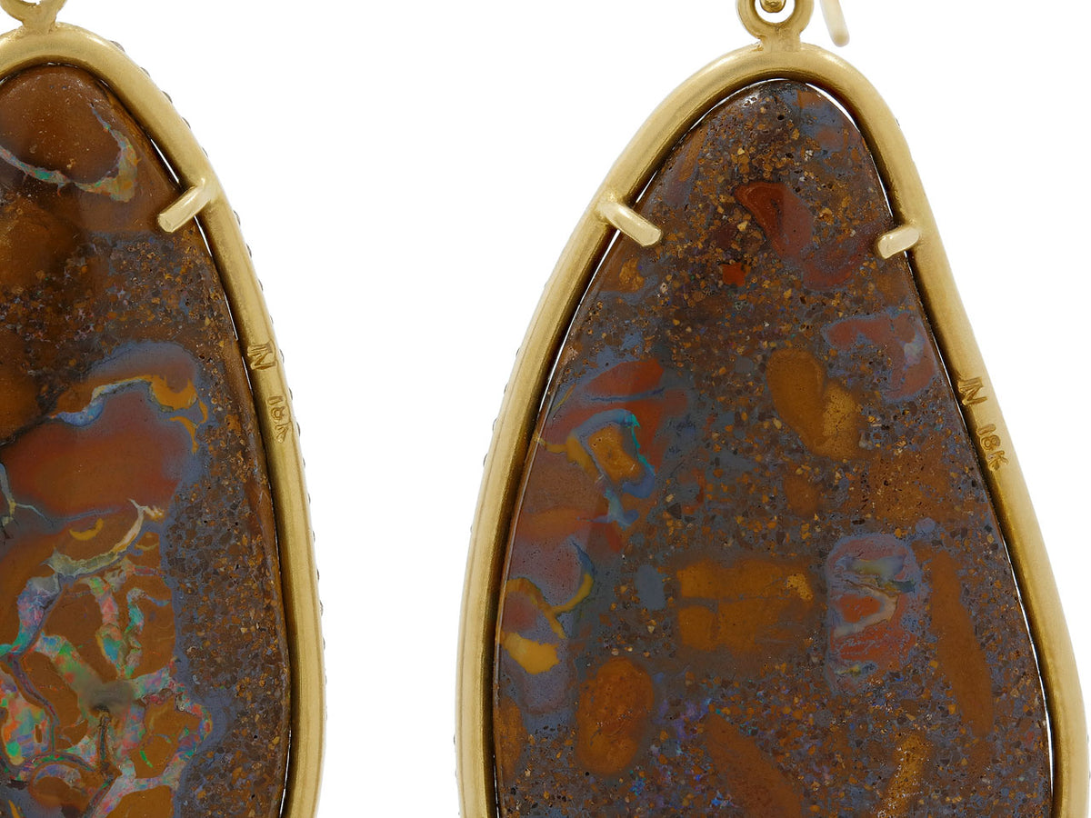 Boulder opal earrings with brown and blue patterns