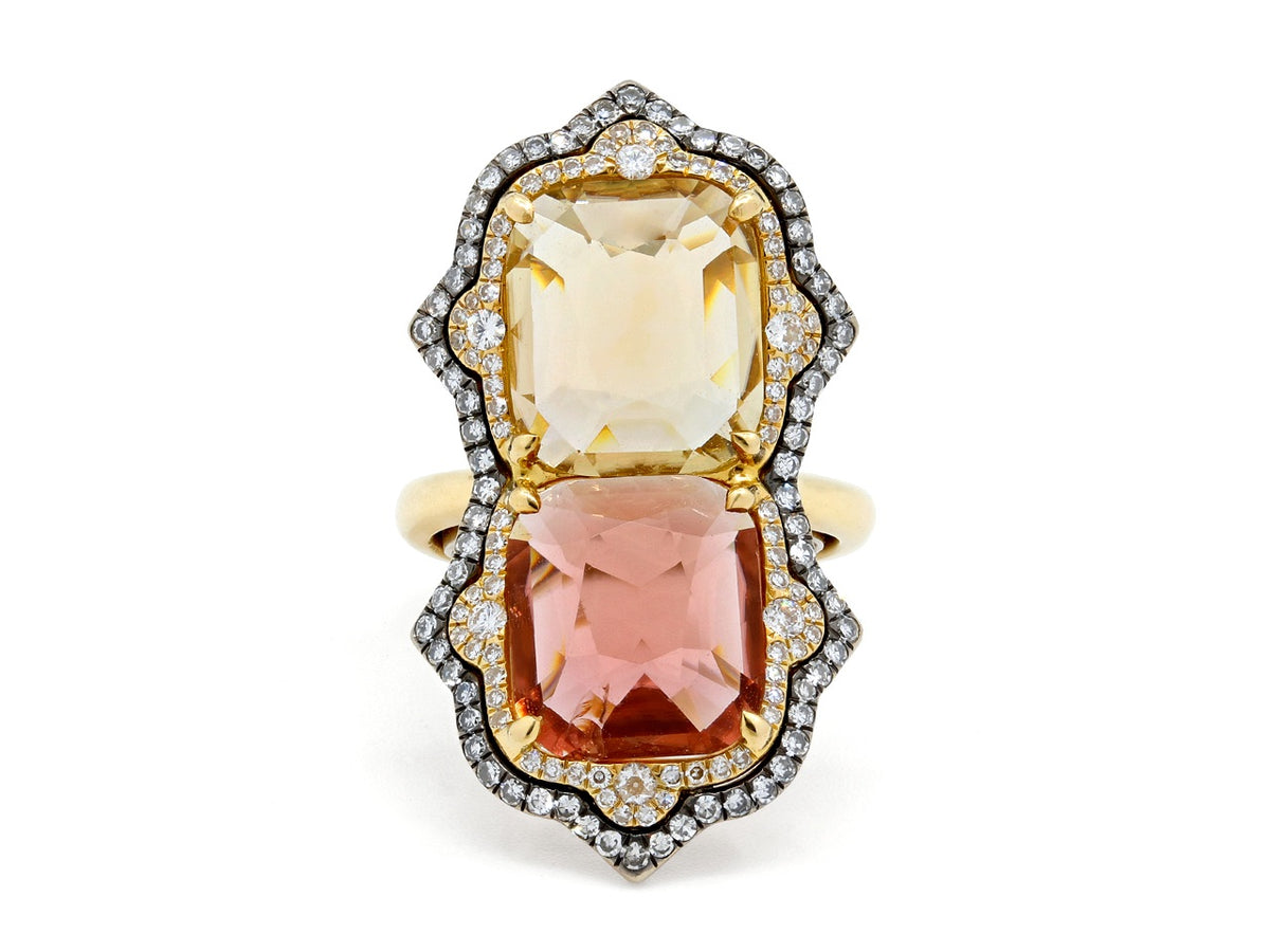 18K gold ring with yellow and orange tourmalines and diamond borders