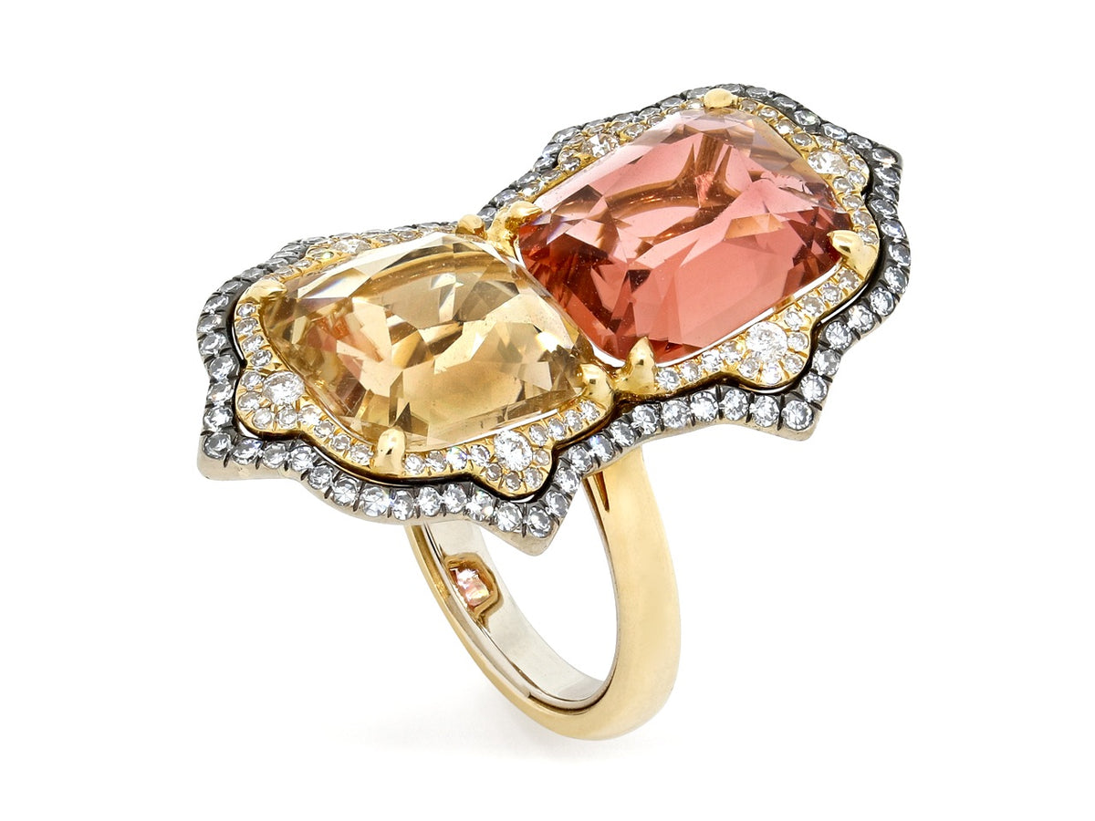 Yellow and orange tourmaline ring with diamond borders