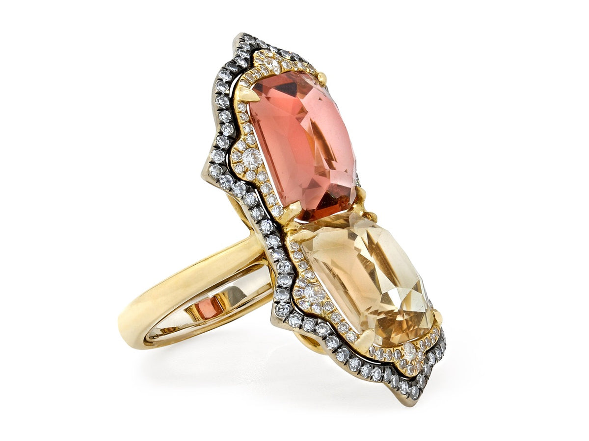 18K gold ring with orange and yellow tourmalines and diamonds