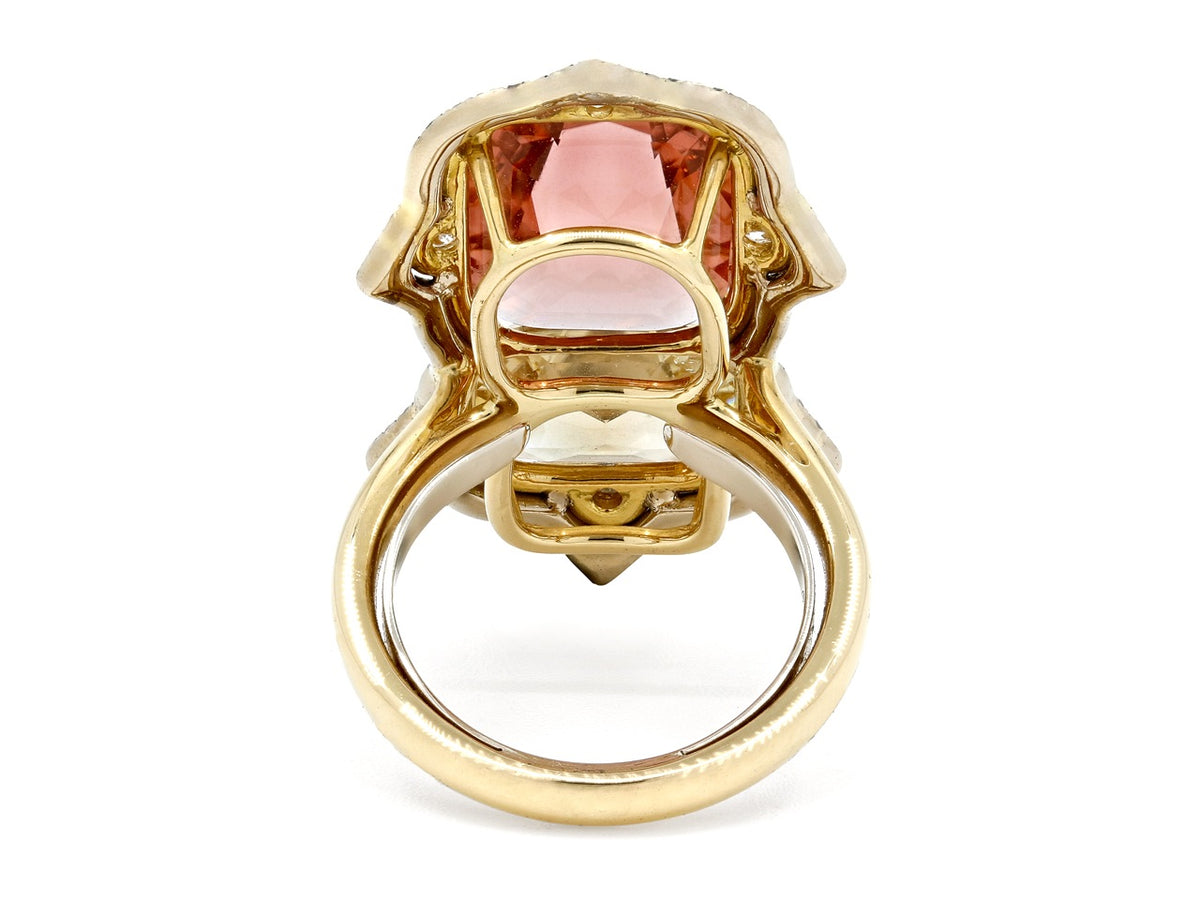 Rear view of a sculptural 18K yellow gold gemstone ring