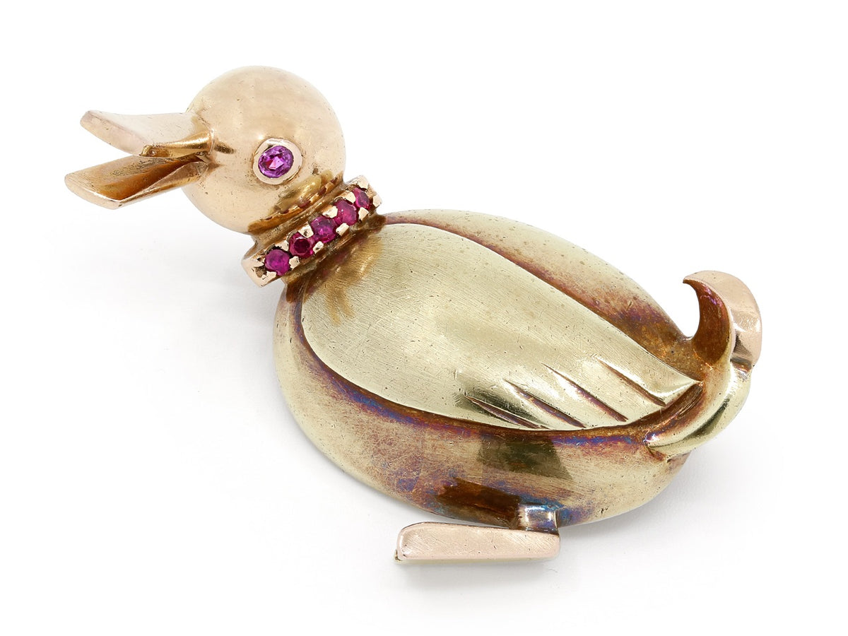 14K yellow and rose gold duck brooch with ruby collar