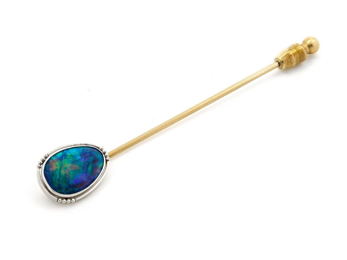 Black opal stick pin with platinum bezel and gold shaft