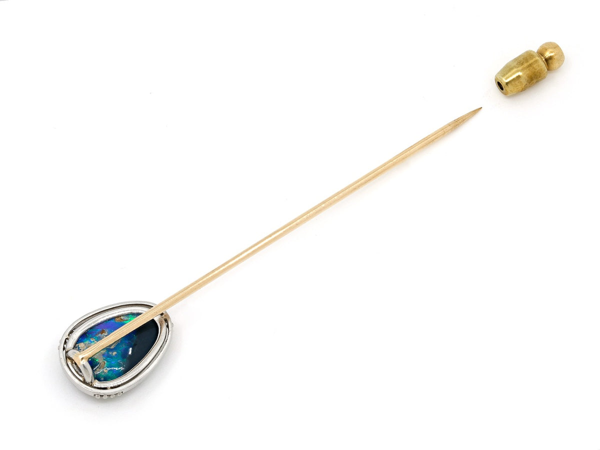 Black opal stick pin with platinum bezel and gold stem