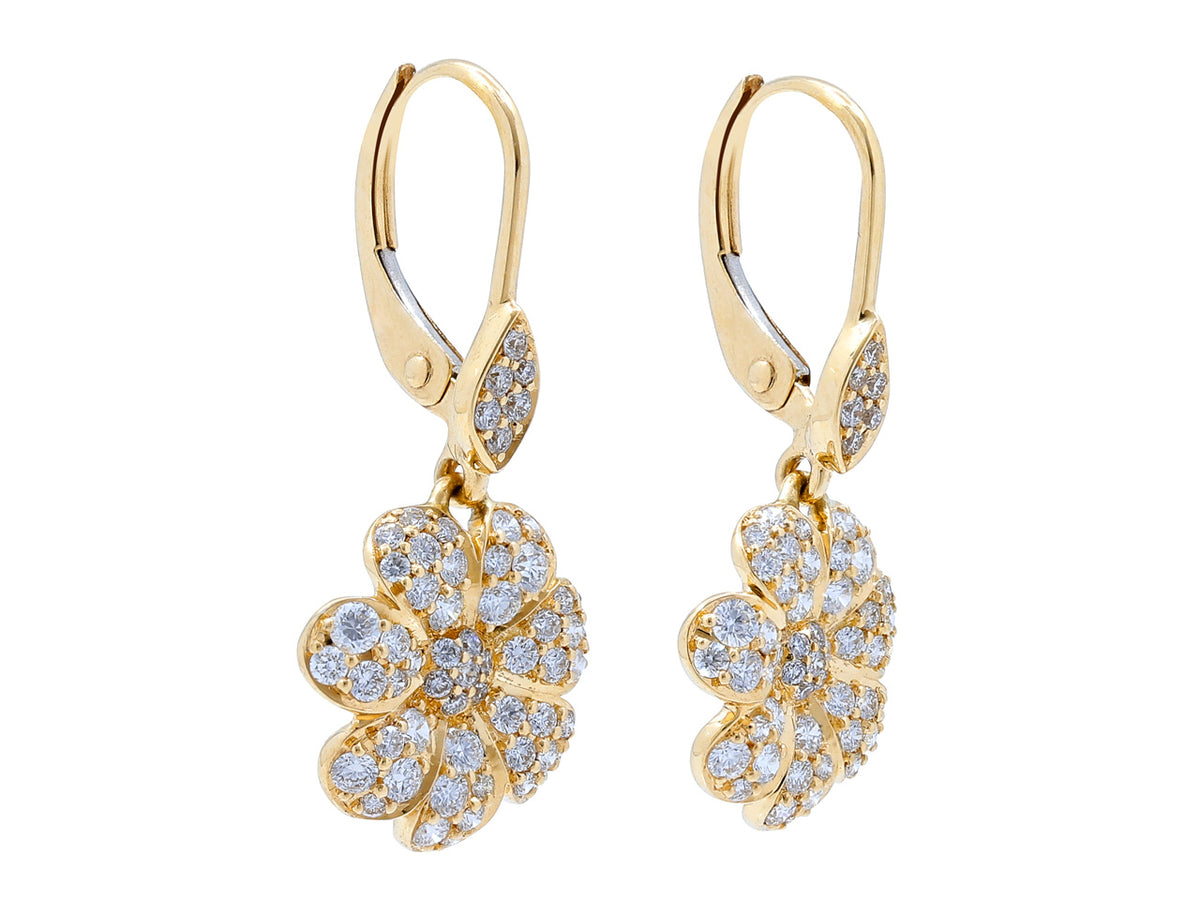 18k gold green diamond flower earrings with lever backs