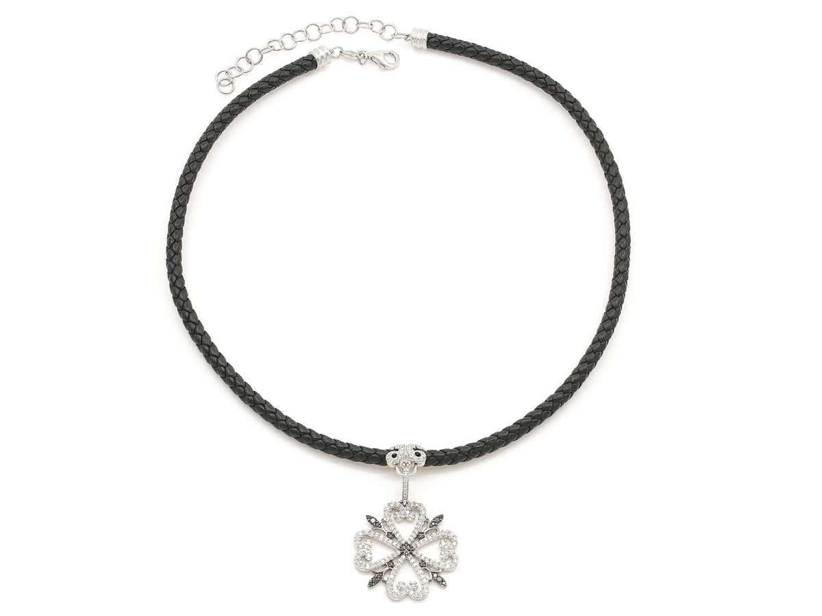 Black braided necklace with diamond clover pendant