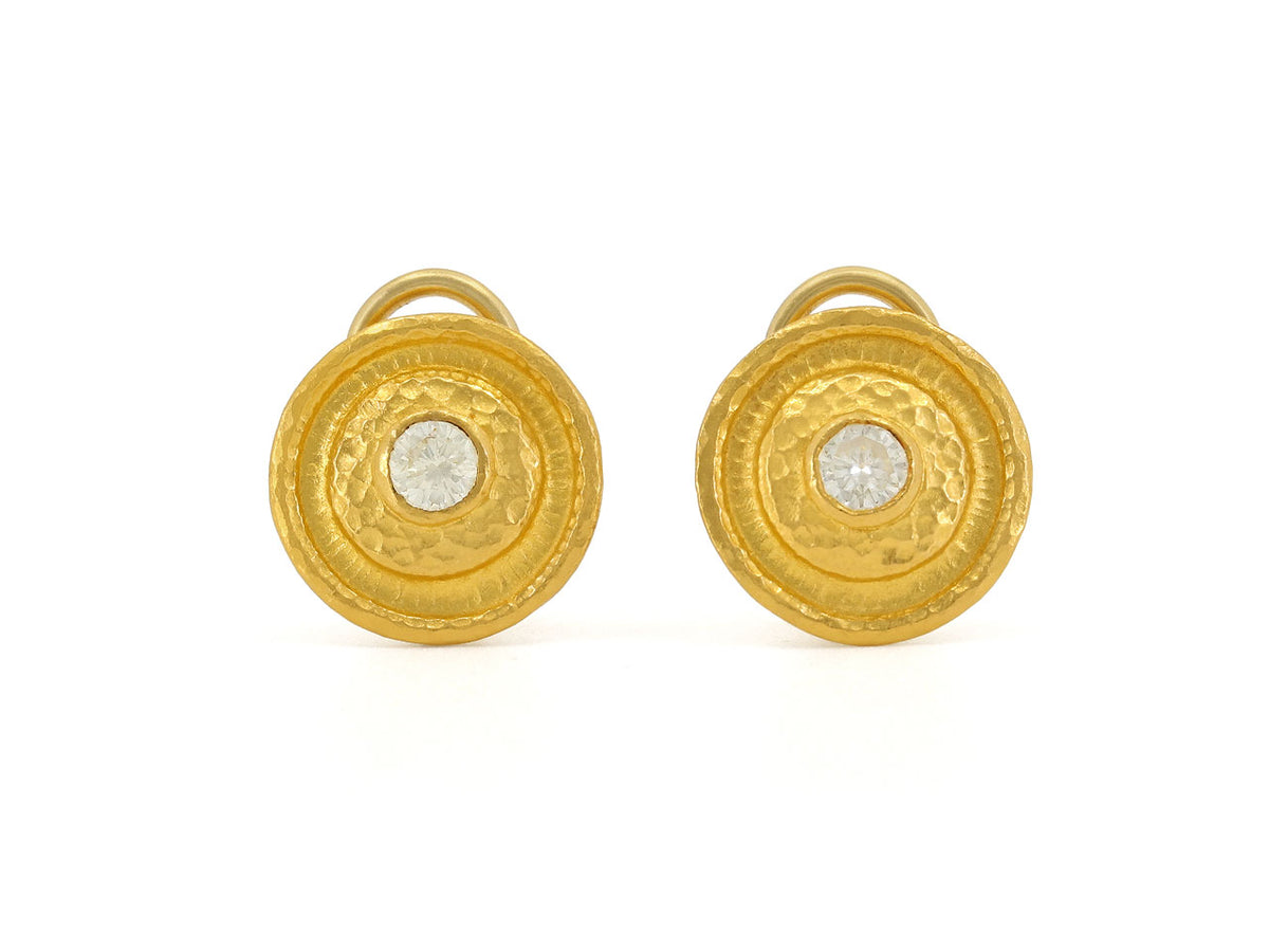 Pair of 24K gold disc earrings with bezel-set diamonds
