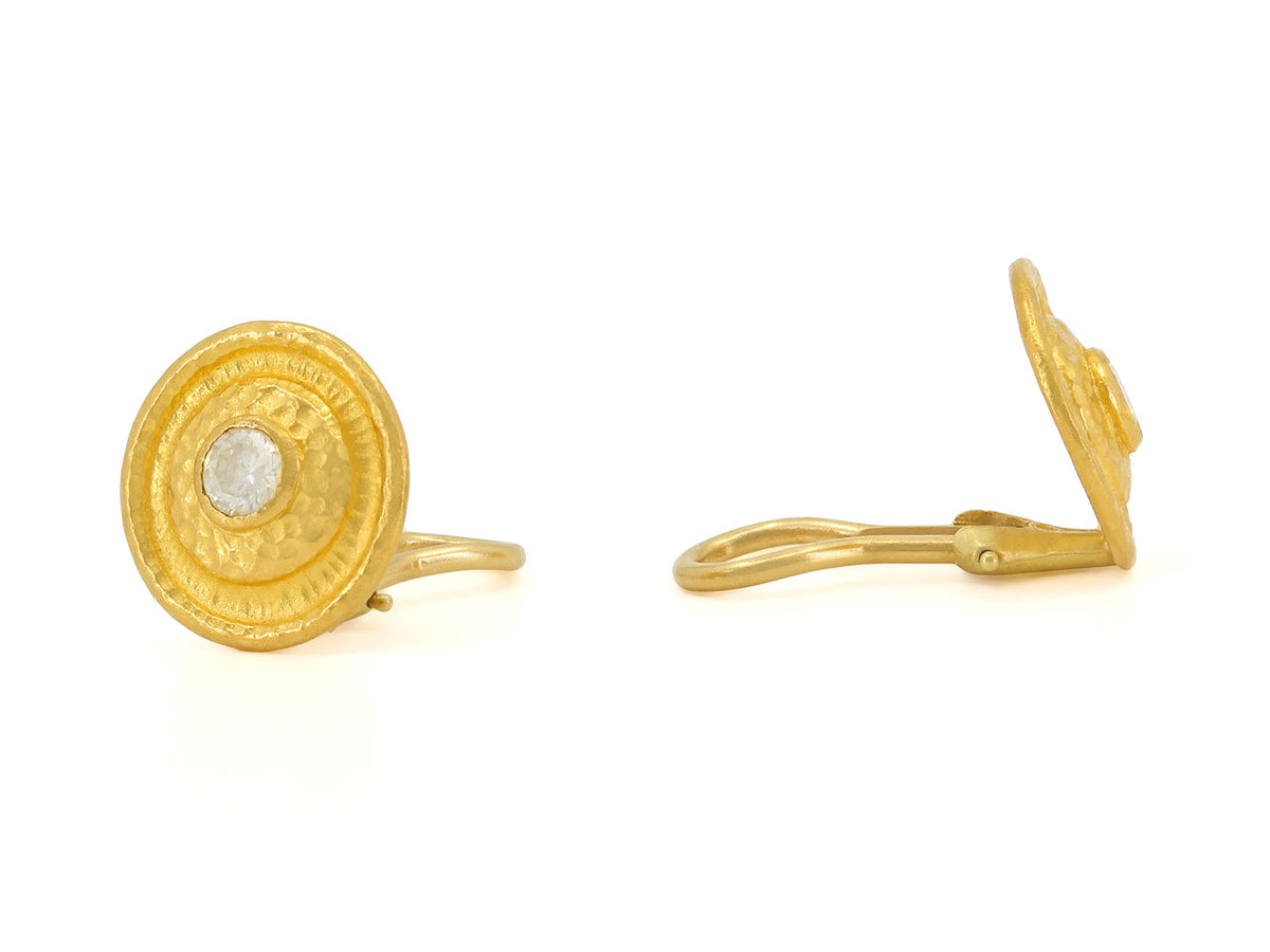 24K gold disc earrings with bezel set diamonds
