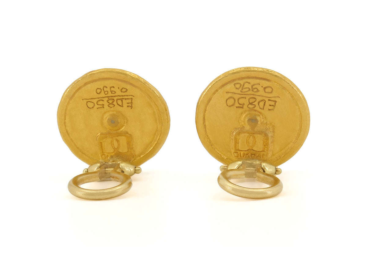 Back view of round 24K gold disc earrings