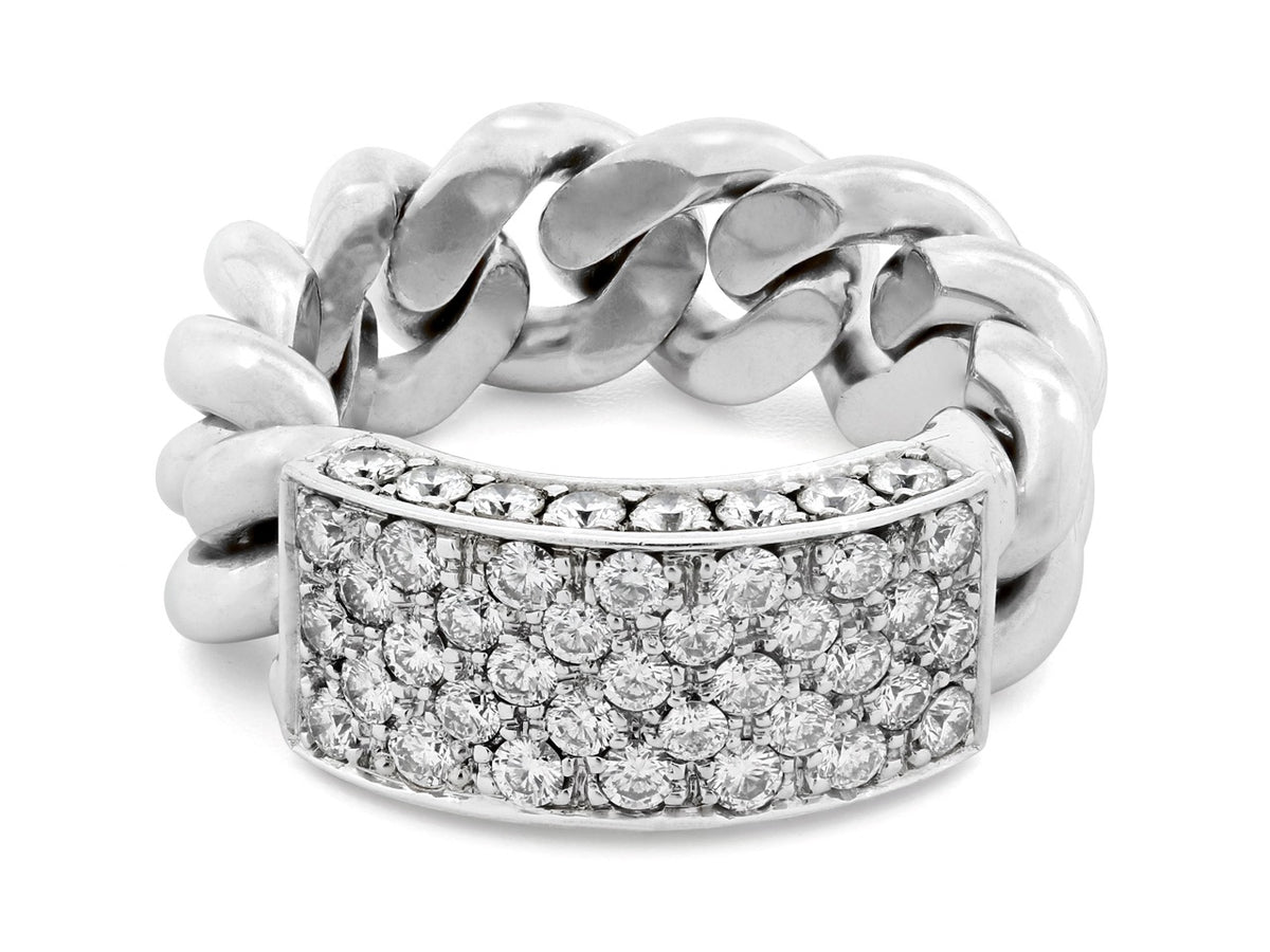 White gold chain link ring with diamond plaque