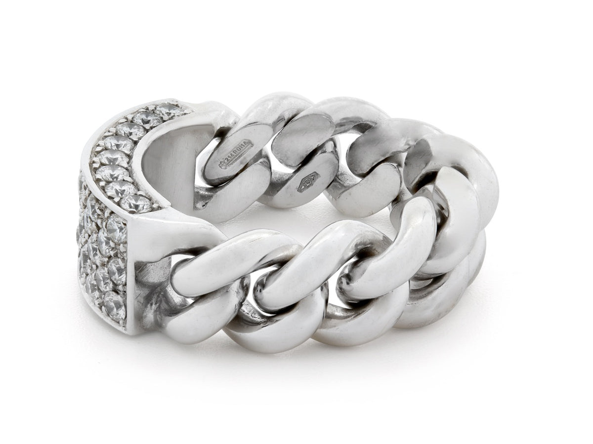 18K white gold chain link ring with diamond plaque