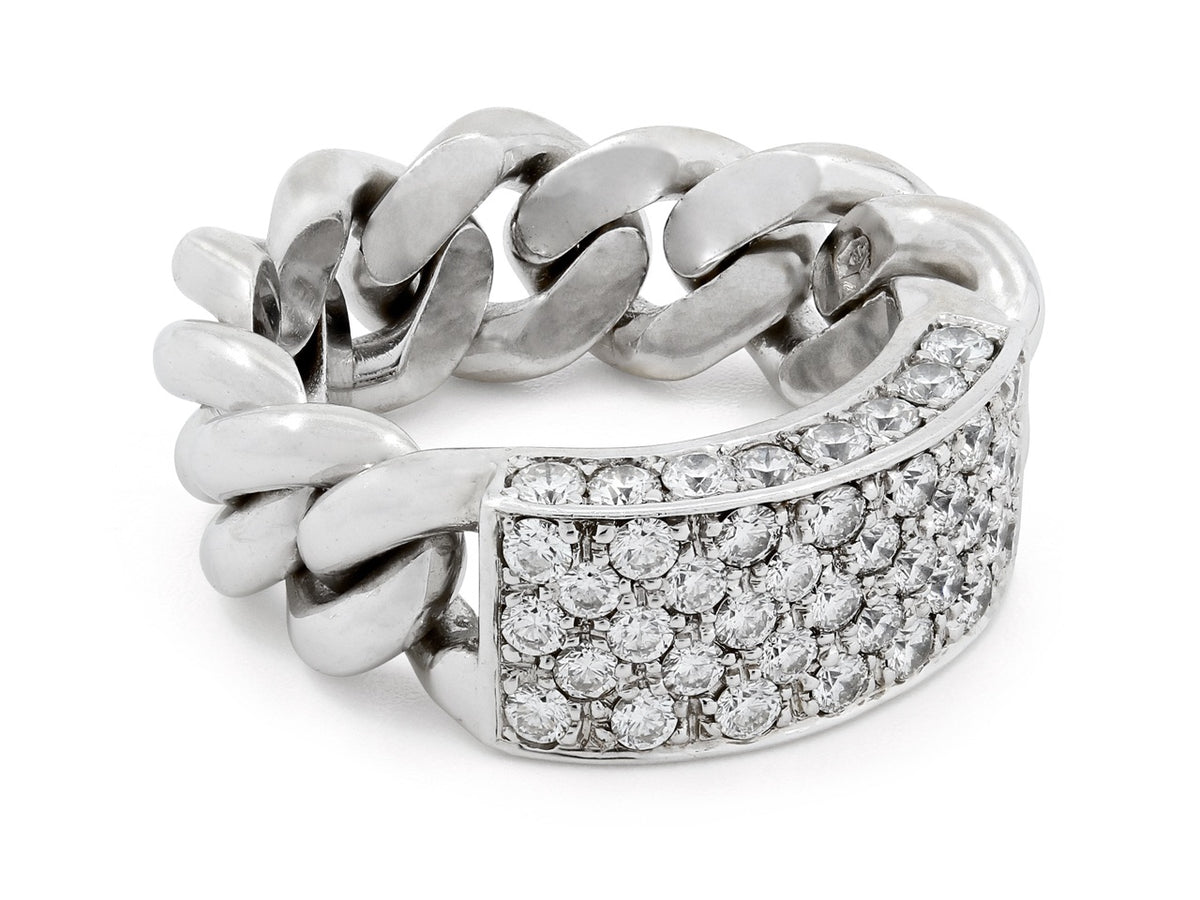 18K white gold chain link ring with pavé diamond plaque