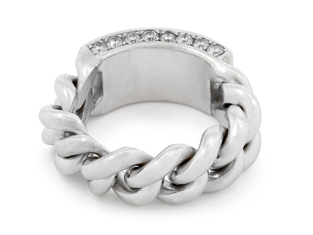 18K white gold chain link ring with diamond plaque