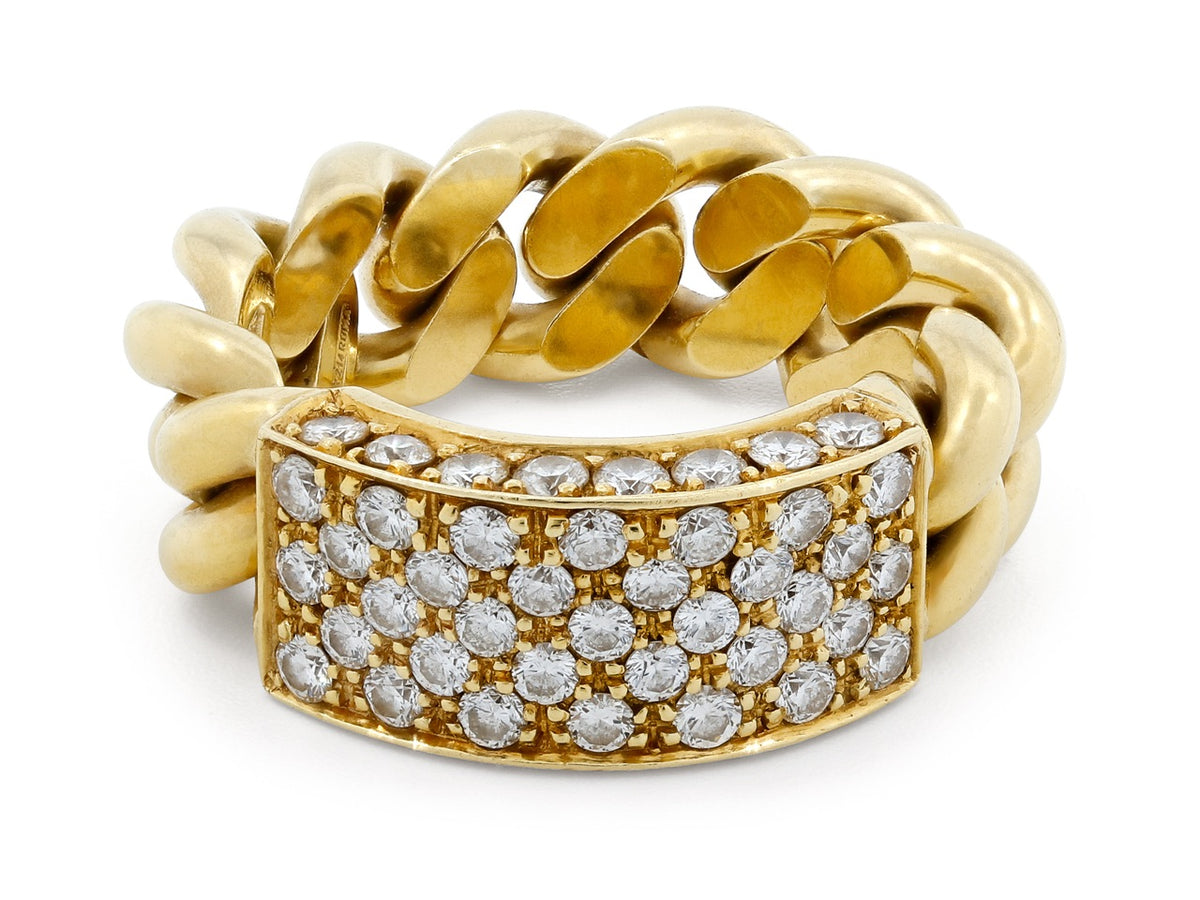 18K gold chain link ring with diamond plaque