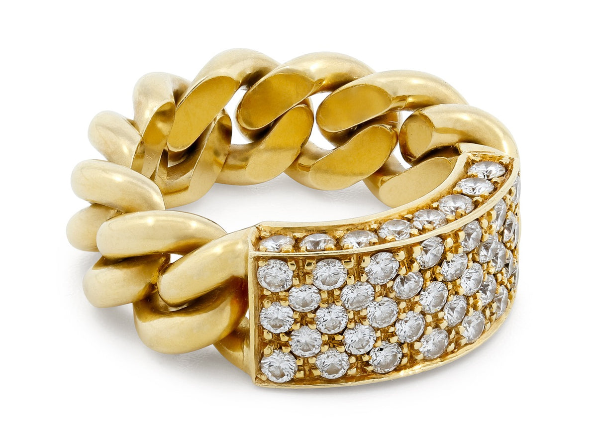 18K gold chain link ring with diamond plaque