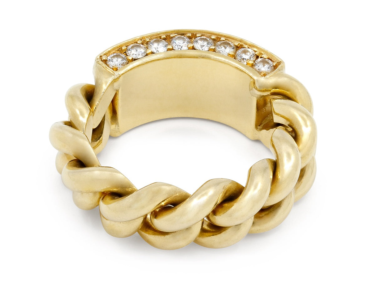 18K gold chain link ring with diamond plaque