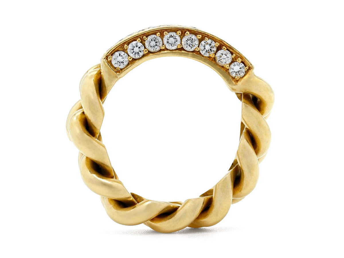 18K gold chain link ring with diamond-set plaque