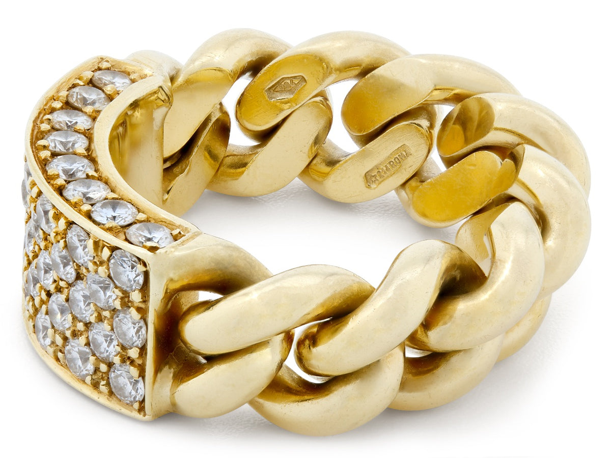 18K gold chain link ring with diamond plaque