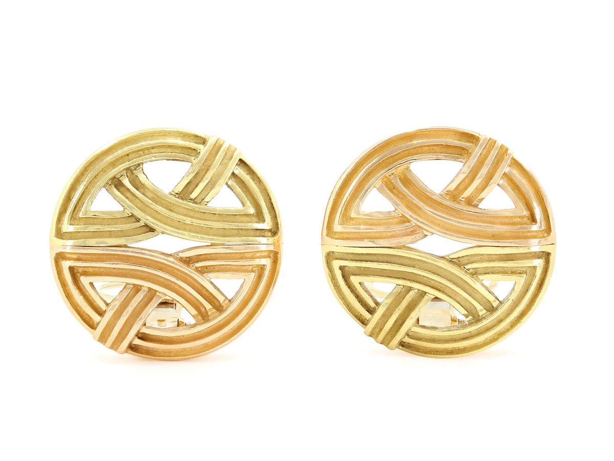 Pair of fluted 18K yellow and rose gold disc earrings