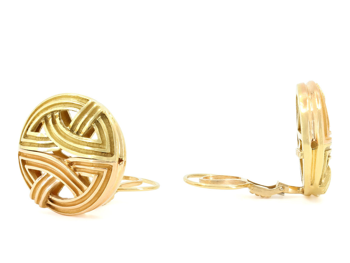 Gold earrings with round interlaced openwork discs