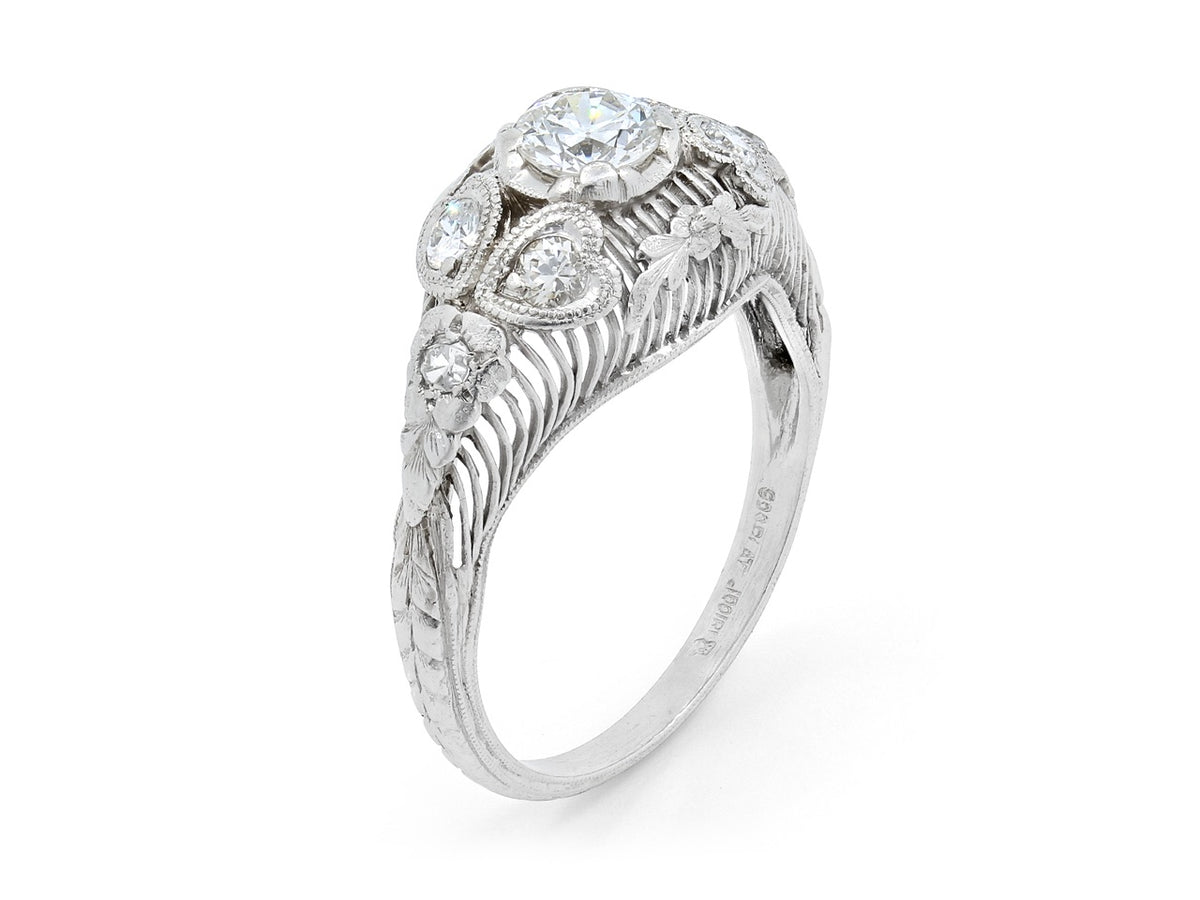 Platinum Art Deco diamond ring with openwork heart and foliate motifs